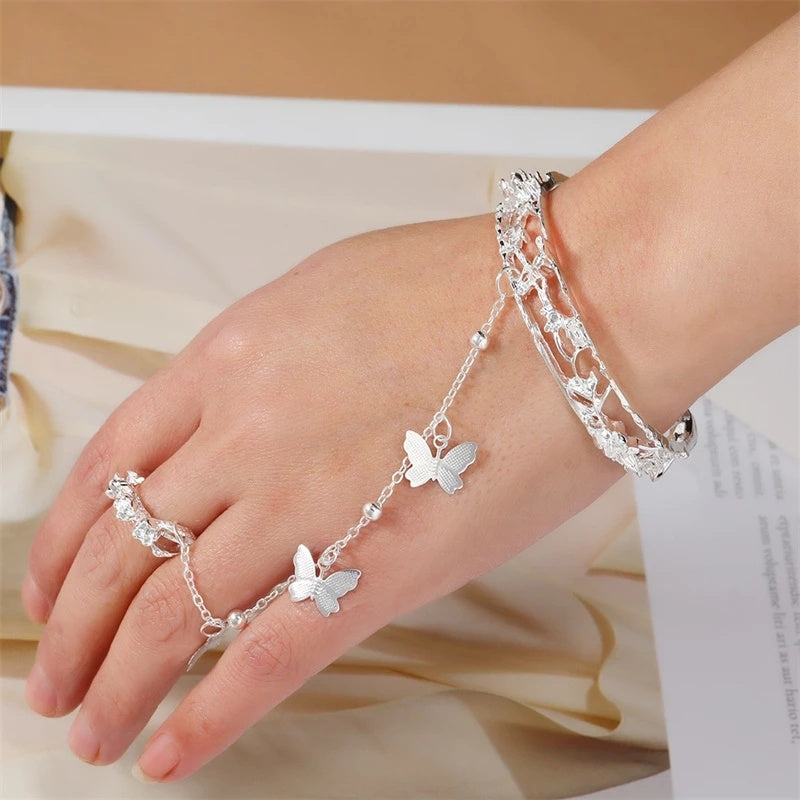 Rose Butterfly Alloy Bracelet with Electroplated Finish