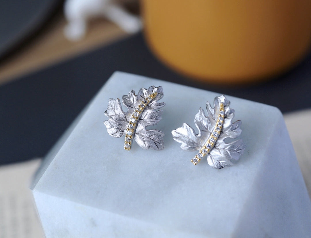 Silver Gilded Leaf Earrings