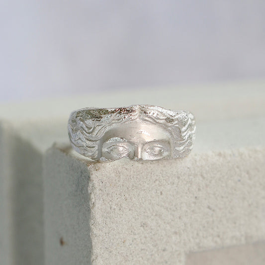 Sterling Silver All-match Niche Neutral Plaster Touching Face Sculpture Silver Ring